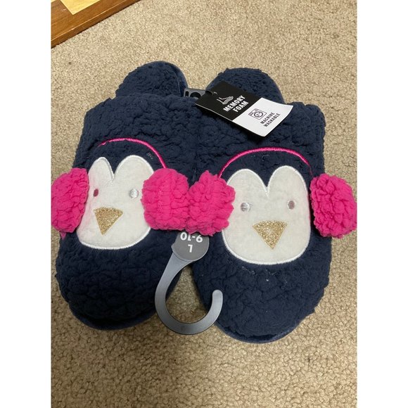 Large L 9-10 Penguin PomPom House Shoes Slippers Blue Pink - Picture 1 of 4